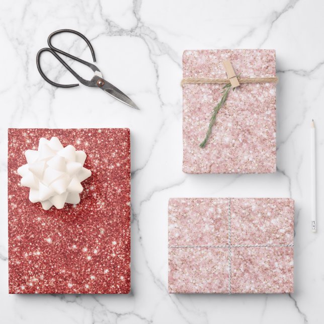Red Blush Pink Sparkle Glitter Christmas Wrapping Paper Sheets (Front)