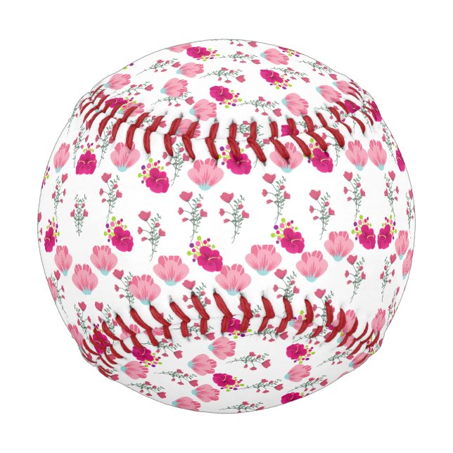 Red & Blush Pink Symmetrical Floral Garden Pattern Baseball (Front)