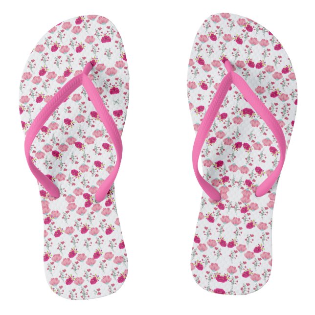 Red & Blush Pink Symmetrical Floral Garden Pattern Flip Flops (Footbed)