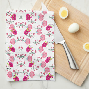 Red & Blush Pink Symmetrical Floral Garden Pattern Kitchen Towel