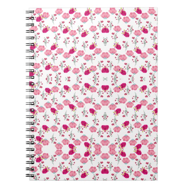 Red & Blush Pink Symmetrical Floral Garden Pattern Notebook (Front)