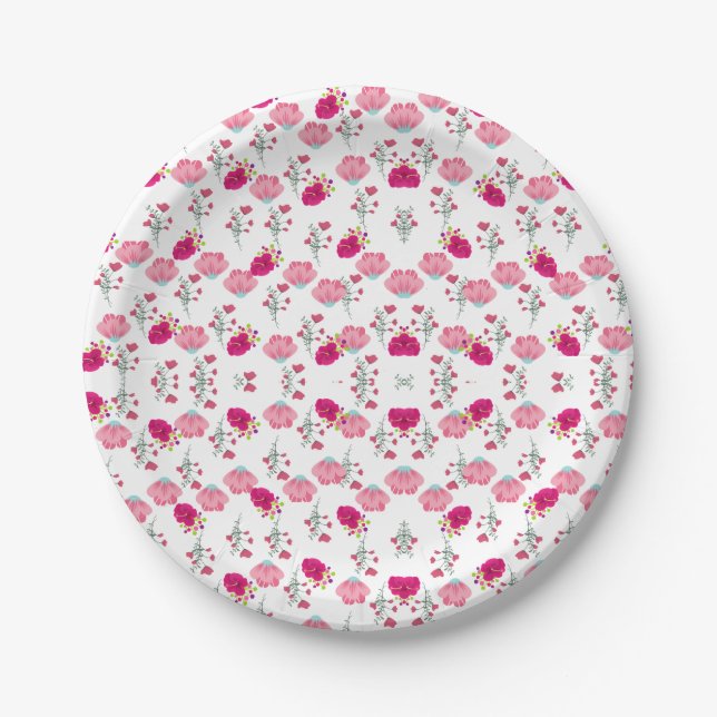 Red & Blush Pink Symmetrical Floral Garden Pattern Paper Plates (Front)
