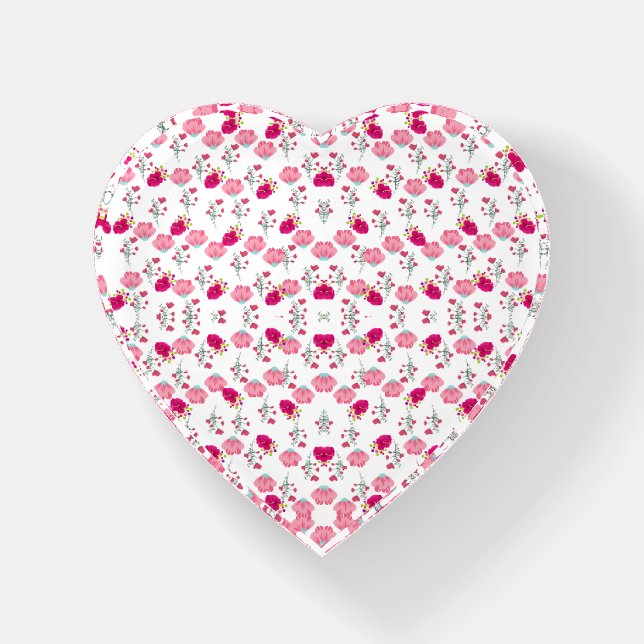 Red & Blush Pink Symmetrical Floral Garden Pattern Paperweight (Front)