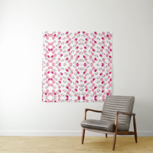 Red & Blush Pink Symmetrical Floral Garden Pattern Tapestry
