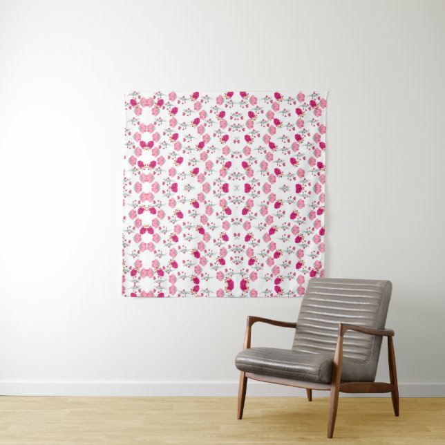 Red & Blush Pink Symmetrical Floral Garden Pattern Tapestry (In Situ (Horizontal))