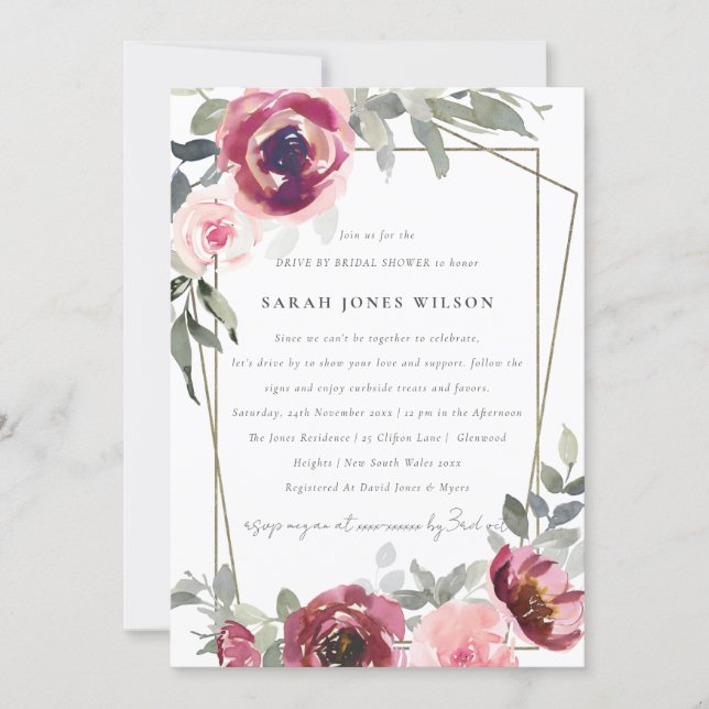 RED BLUSH ROSE FLORA DRIVE BY BRIDAL SHOWER INVITE (Front)