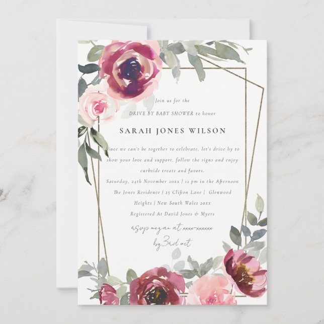 RED BLUSH ROSE FLORAL DRIVE BY BABY SHOWER INVITE (Front)