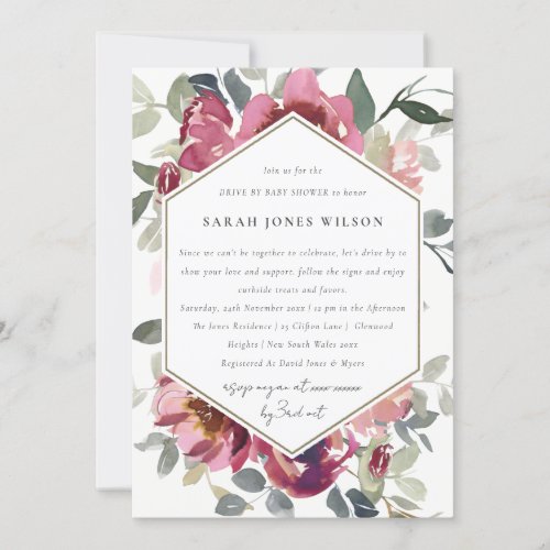 RED BLUSH ROSE FLORAL DRIVE BY BABY SHOWER INVITE