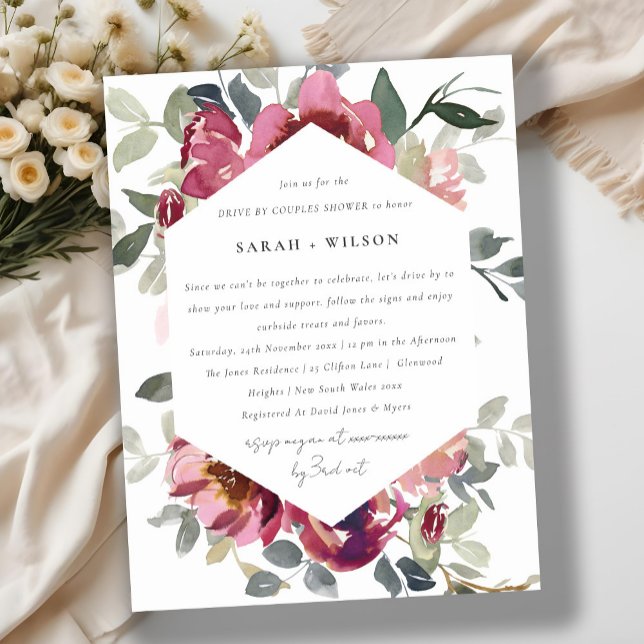 RED BLUSH ROSE FLORAL DRIVE BY COUPLES SHOWER POSTCARD (Creator Uploaded)