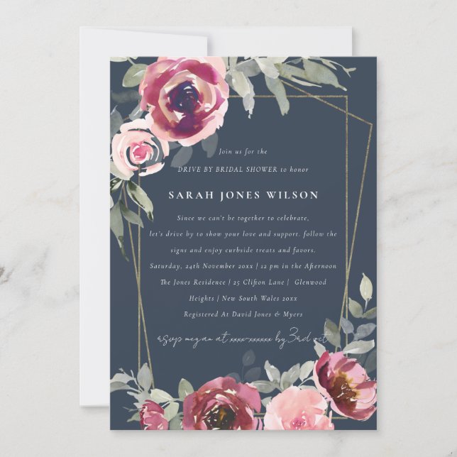 RED BLUSH ROSE NAVY DRIVE BY BRIDAL SHOWER INVITE (Front)