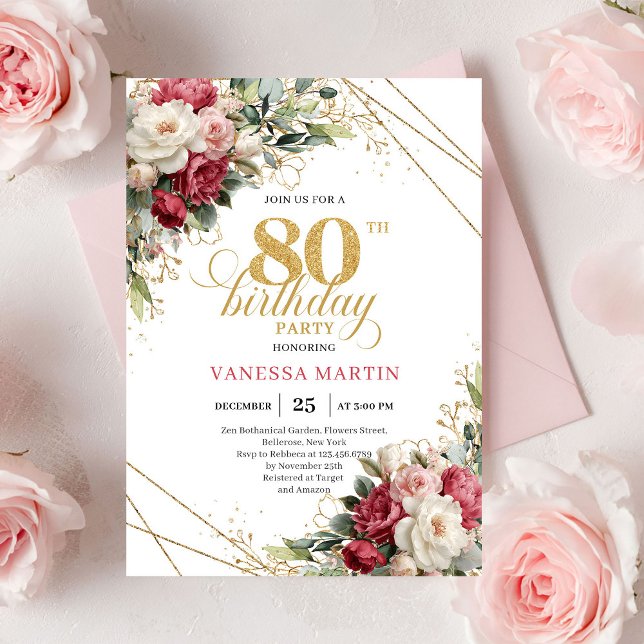 Red blush roses chic gold accents card 80 birthday (Red blush roses chic gold accents card 80 birthday invitation

)