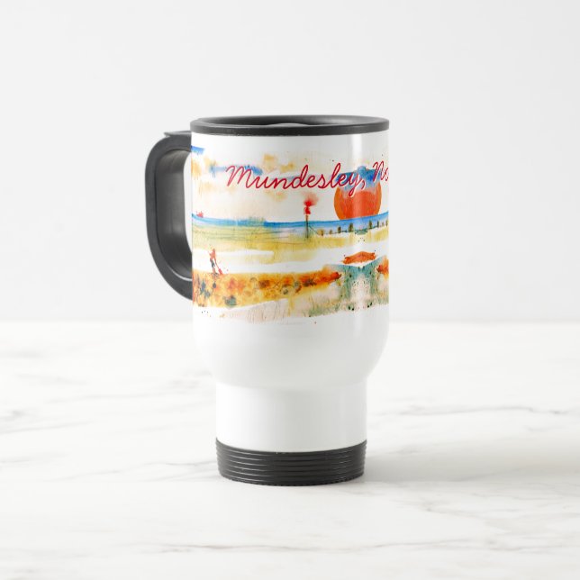 Red Boat and Beach in Mundesley, Norfolk  Travel Mug (Front Left)