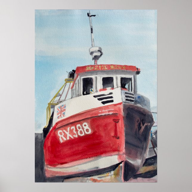 Red Boat Coastal Watercolor Poster (Front)