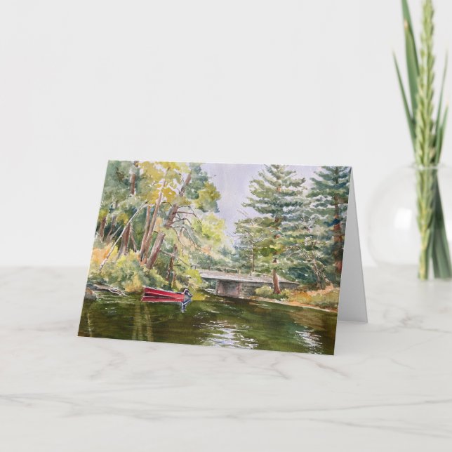 Red Boat in Mountain Lake Watercolor Fishing Card (Front)