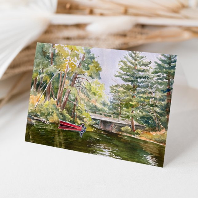 Red Boat “Mountain Lake” Watercolor Landscape Thank You Card (Creator Uploaded)