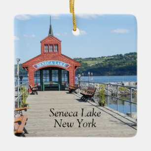 Red boathouse on Seneca Lake Ceramic Ornament