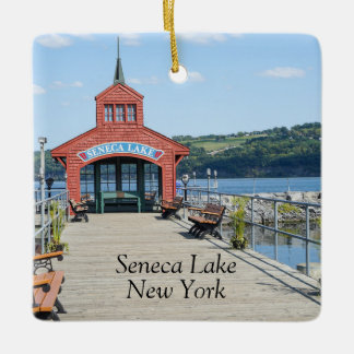 Red boathouse on Seneca Lake Ceramic Ornament