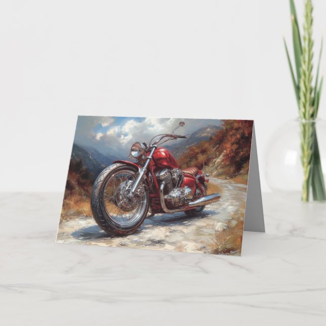 Red Bobber Motorcycle Card - Mountain Background (Front)