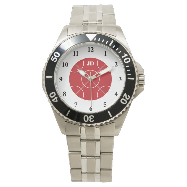 Red Bocce Ball men's watch with custom monogram (Front)