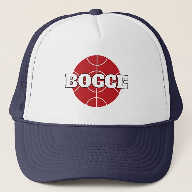 Red Bocce Ball trucker hat with custom text (Front)