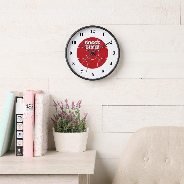 Red Bocce Ball wall clock with custom text (Reading Room)