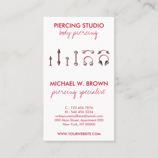 Red Body Jewelry Piercings Business Card (Front)