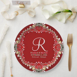 Red Bohemian Batik Monogram V2 Wedding  Paper Plates