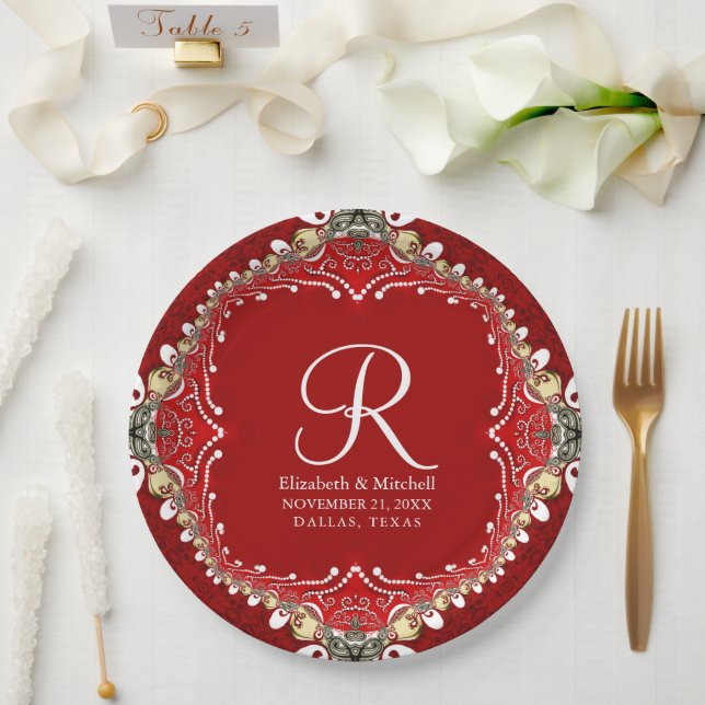 Red Bohemian Batik Monogram V2 Wedding  Paper Plates (Wedding)