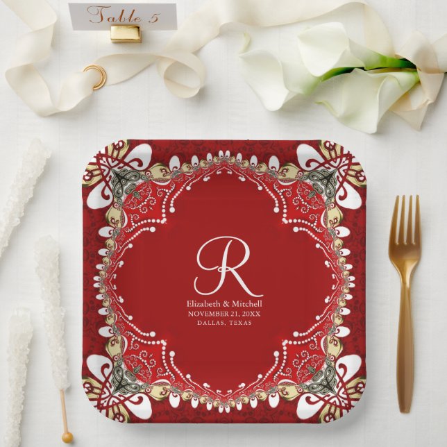 Red Bohemian Batik Monogram Wedding  Paper Plates (Wedding)