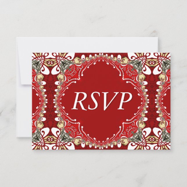 Red Bohemian Batik Wedding RSVP Card (Front)