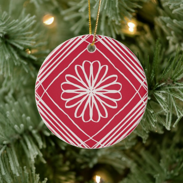 Red Boho Abstract Pattern Flower Christmas Tree Ceramic Ornament (Tree)