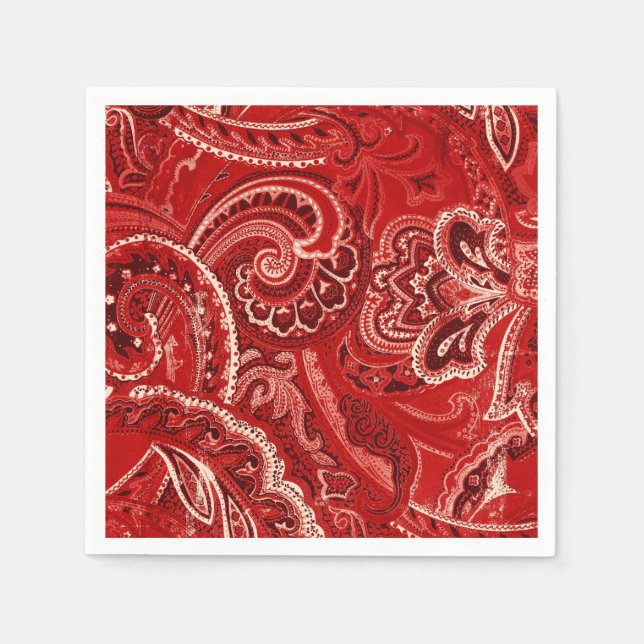 Red Boho Chic Retro Hippy Paisley Bandanna Paper Napkins (Front)