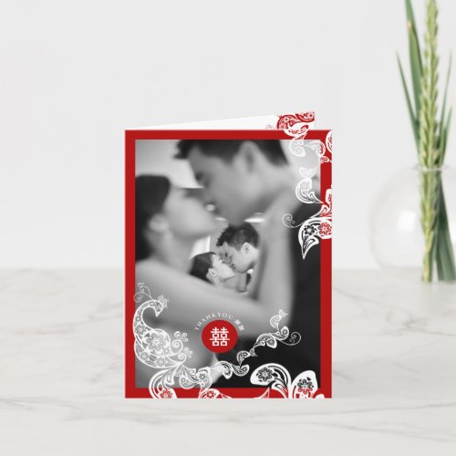 Red Boho Floral Peacock Double Xi Chinese Wedding Thank You Card