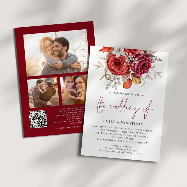 Red Boho Florals 3 Photos QR Code Wedding Invitation (Front and back view)