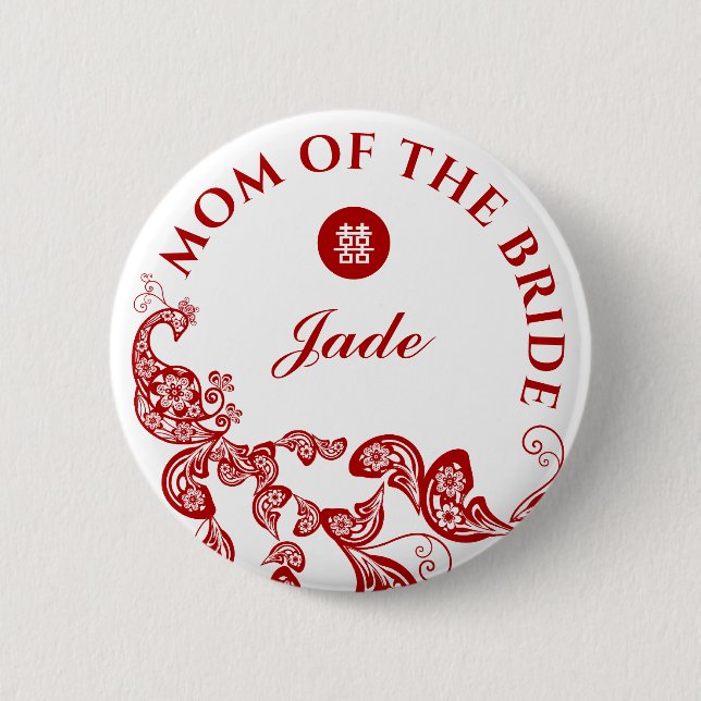 Red Boho Peacock Asian Wedding Mother Of The Bride Button (Front)