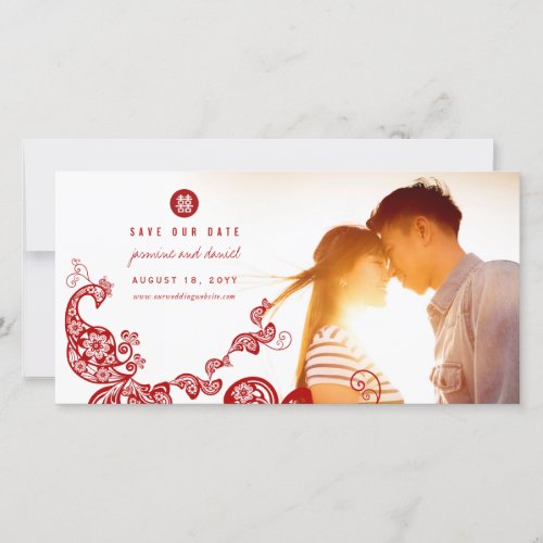 Red Boho Peacock Chinese Double Happiness Photo Save The Date