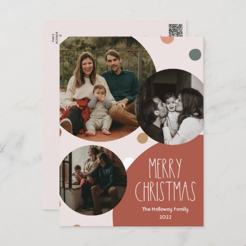 Red Boho Polka Dot Christmas Abstract Three_Photo Holiday Postcard