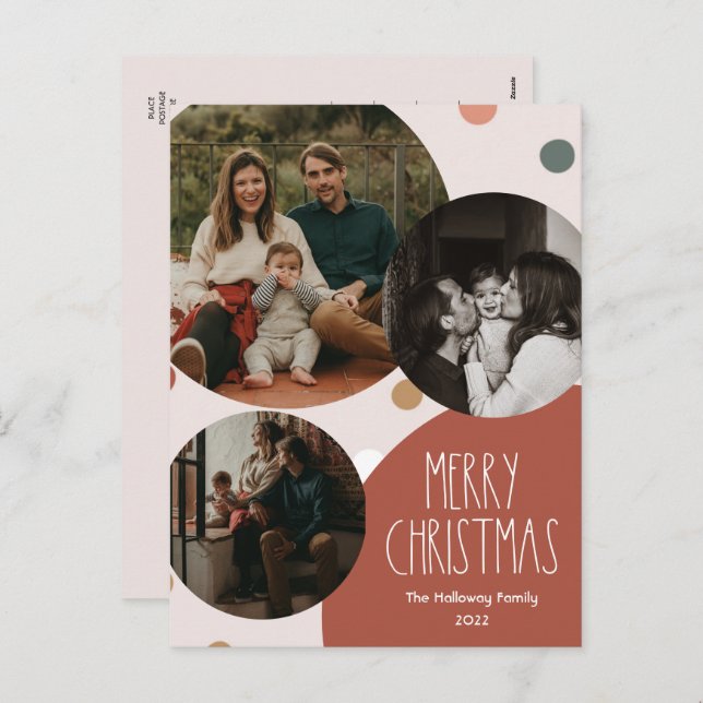 Red Boho Polka Dot Christmas Abstract Three-Photo Holiday Postcard (Front/Back)