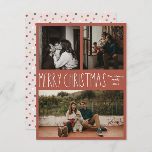 Red Boho Polka Dot Christmas Classic Three_Photo Holiday Card