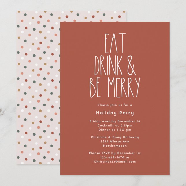 Red Boho Polka Dot Christmas Eat Drink Be Merry Invitation (Front/Back)