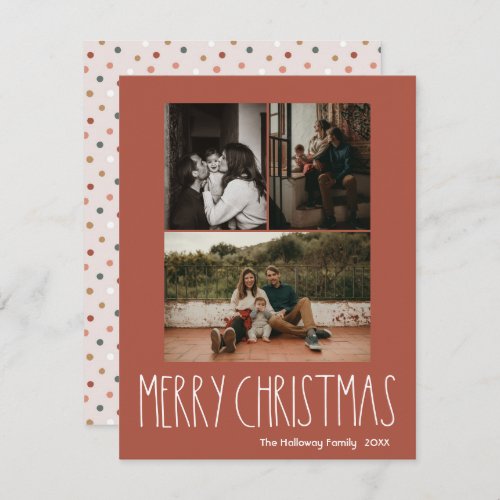 Red Boho Polka Dot Christmas Vertical 3 Photo Holiday Card