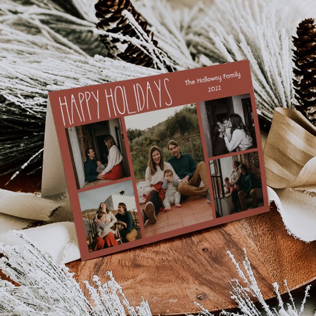 Red Boho Polka Dot Folded Five-Photo Holiday Card (Creator Uploaded)