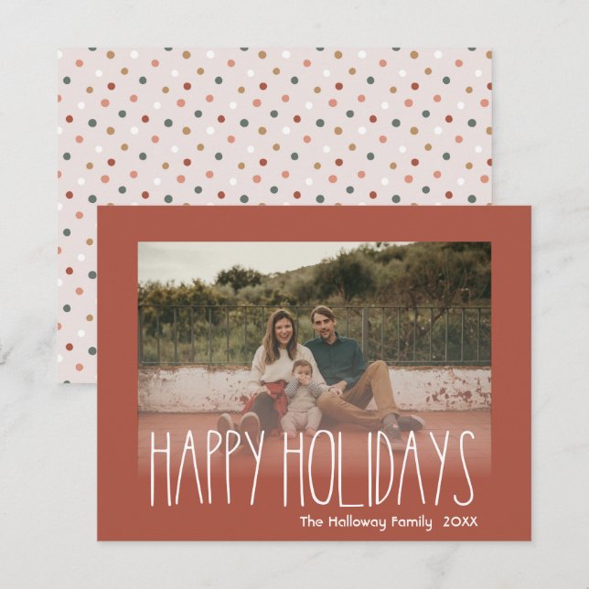 Red Boho Polka Dot Happy Holidays Faded Photo Holiday Card (Front/Back)