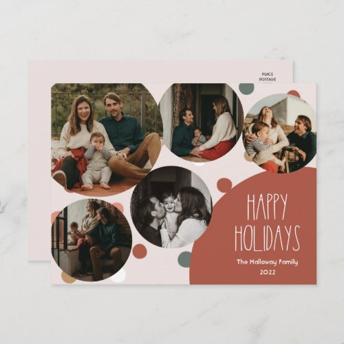 Red Boho Polka Dot Happy Holidays Five_Photo Holiday Postcard