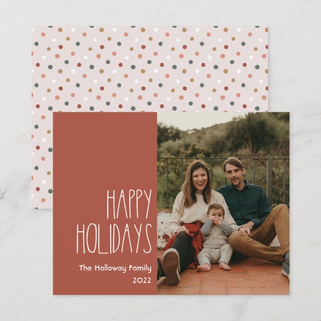 Red Boho Polka Dot Happy Holidays Single Photo Holiday Card (Front/Back)