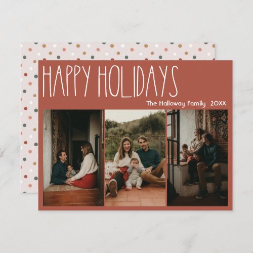 Red Boho Polka Dot Happy Holidays Three_Photo Holiday Card