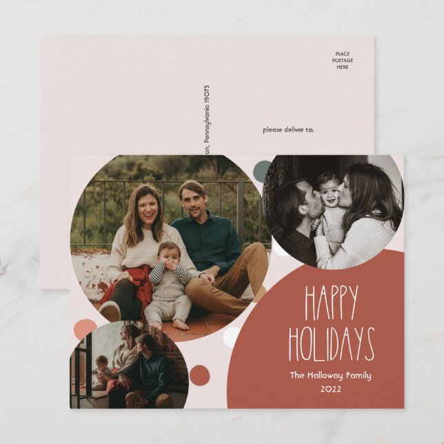 Red Boho Polka Dot Happy Holidays Three Photo Holiday Postcard (Front/Back)
