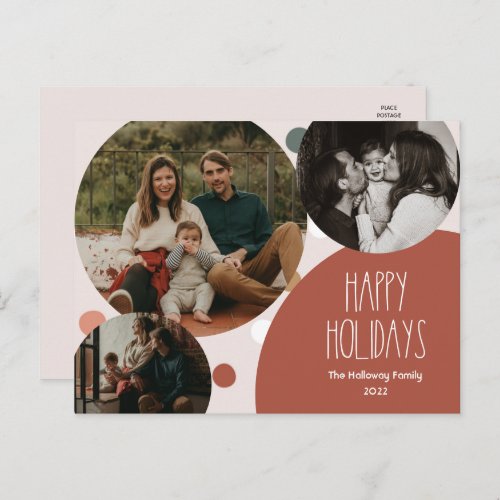 Red Boho Polka Dot Happy Holidays Three Photo Holiday Postcard