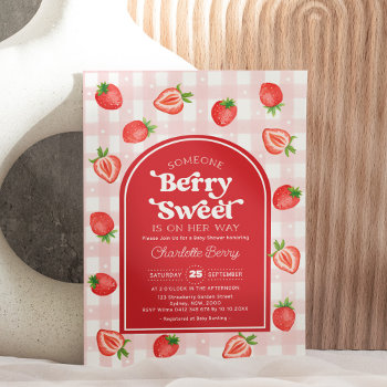 Red Boho Strawberry Berry Sweet Baby Girl Shower Invitation by BlueBunnyStudio at Zazzle