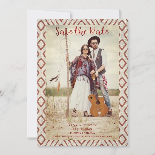 Red Boho Textile Texture Romantic Engaged Couple Save The Date (Front)